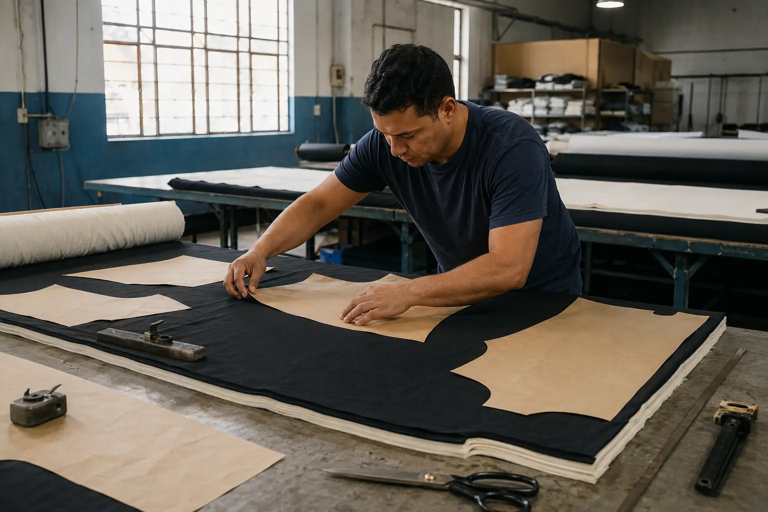 Malha sendo preparada para corte na produção da Street Label