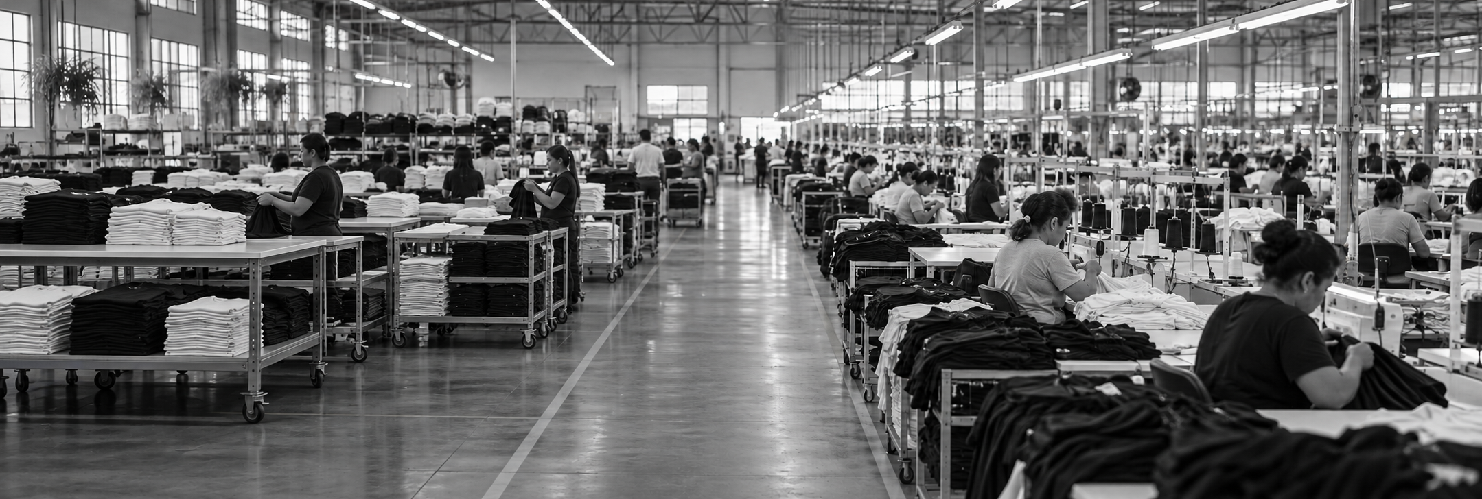 Fábrica de confecção de grande porte com várias linhas de produção em atividade.